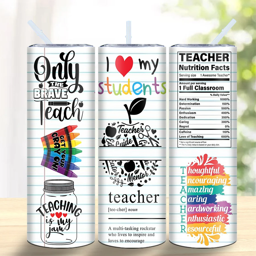 20oz Colour Pencil Pattern Stainless Steel Water Bottle With Lid And Straw Insulated Straight Cups For Teachers Day Gift