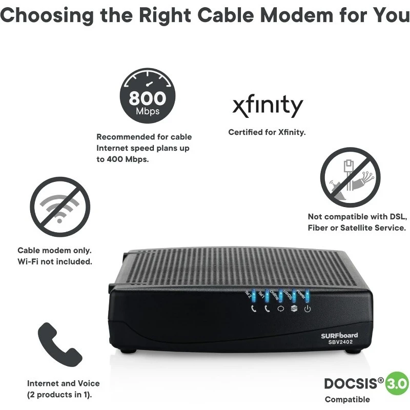 SURFboard SBV3202 DOCSIS 3.0 كابل مودم Comcast Xfinity Internet & Voice 1 Gbps Port 2 منافذ Telephony 800 Mbps M