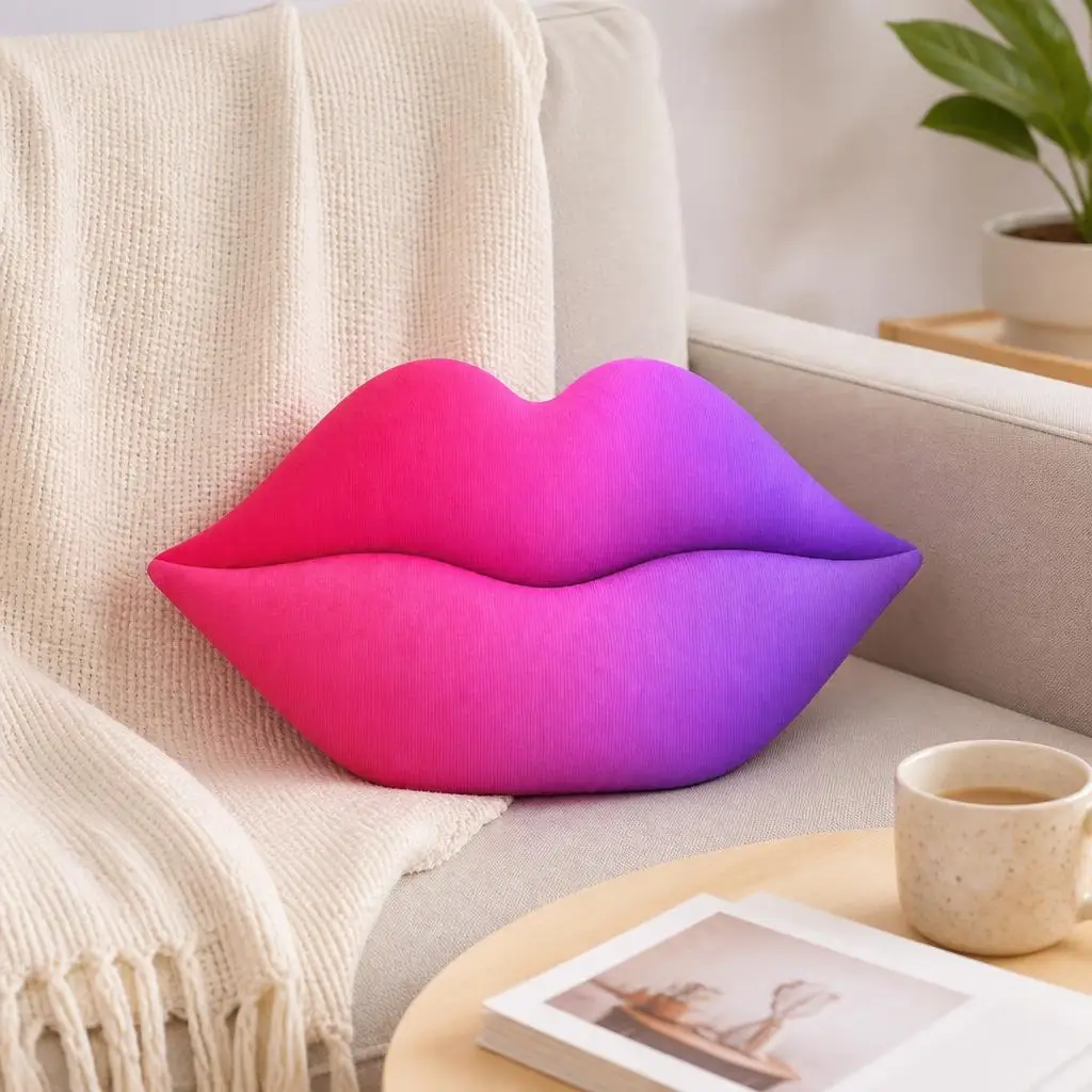 Pink Purple Ombre Lips Shaped Throw Pillow Kiss Cushion Beauty Makeup Decorative Plush Pillow for Sofa Home Decor Accent
