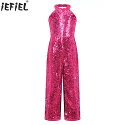 Kids Girls Jazz Dance Performance Jumpsuit Shiny Sequin Sleeveless Halter Romper Birthday Wedding Party Dancing Prom Bodysuit