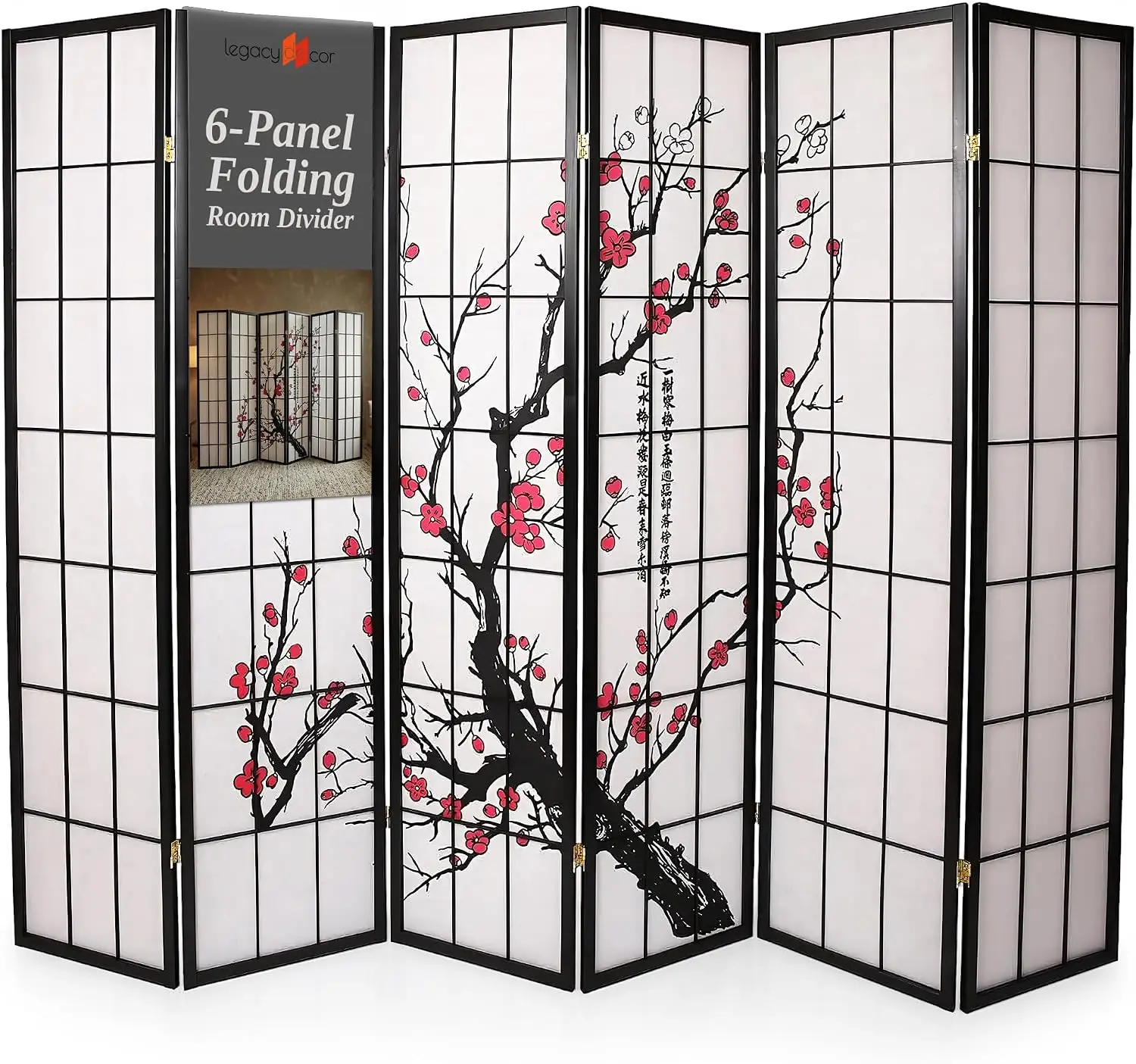 6-Panel Room Divider Shoji Style Black 71 in Tall x 104 in W | Privacy Screen, Plum Blossom, Authentic Japanese Shoji Style, Rea