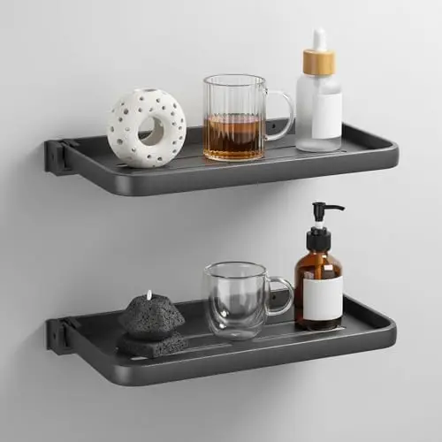 

2 Pack Foldable Wall Shelf for RV, Bathroom, Kitchen – Space-Saving Aluminum Organizer – Dark Gray