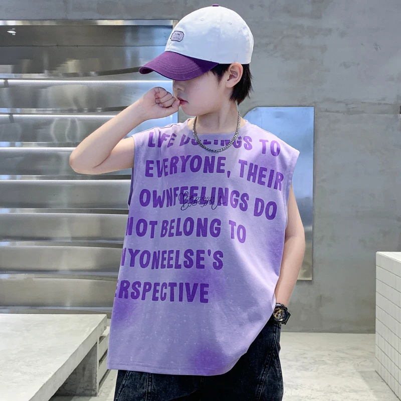 Big Boy Loose Style Sleeveless Cotton T-shirt with Letter Print For Tweens Child Relaxed Fit Kids Casual Summer Tshirt Outfits
