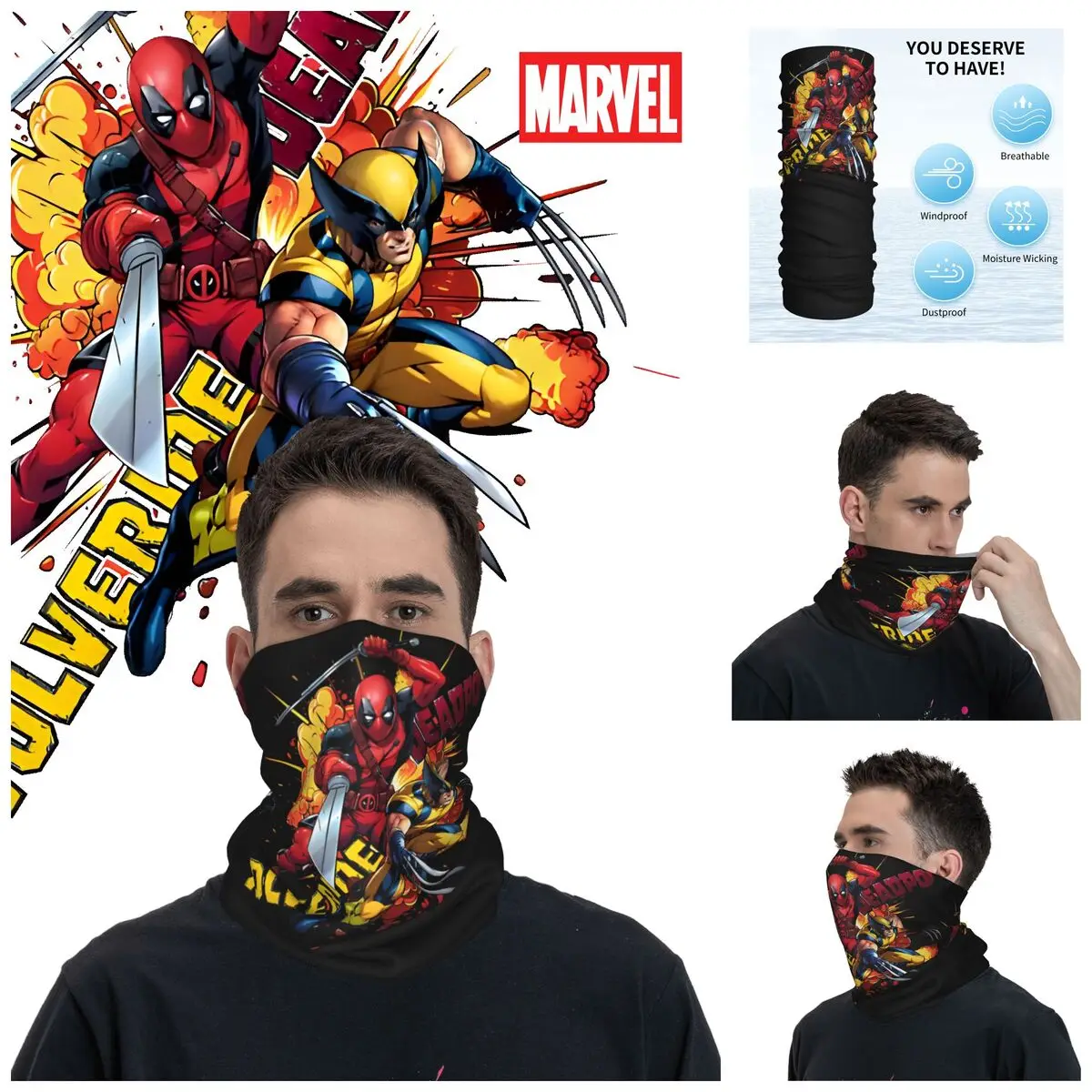 Comicbook Movie Team Up Motocross Bandana Neck Cover Printed Deadpool & Wolverine Face Scarf Multi-use Balaclava Cycling