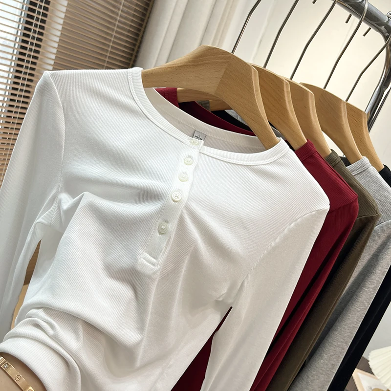 Capa Base versátil irt Henry Collar f frente abierto acanalado elástico ajustado largo Sve camiseta mujer otoño Casual Sle