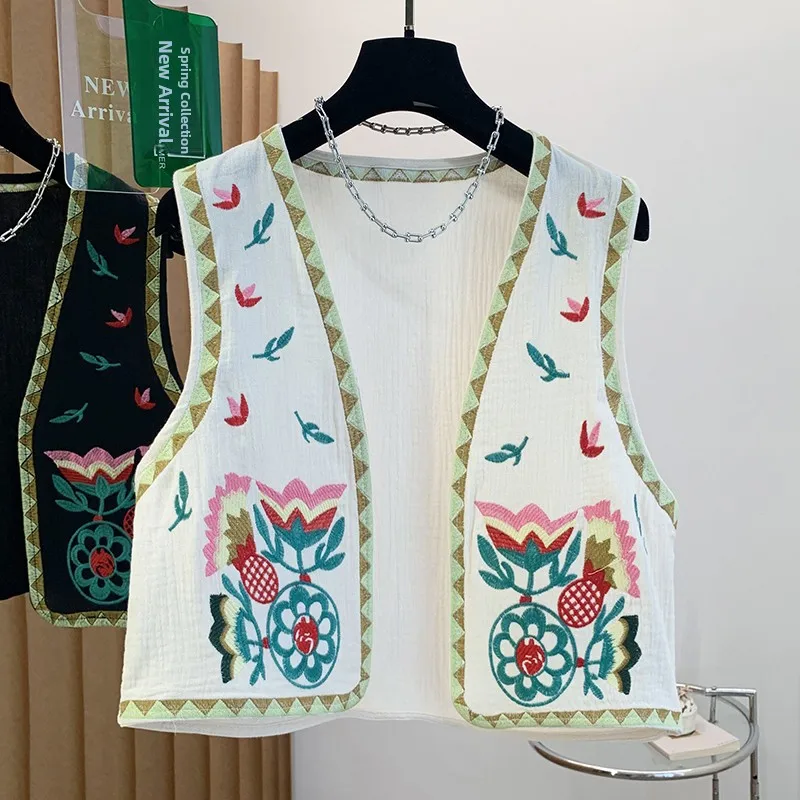 

n Sle ort Heavy Embroidery Open Cardigan Vest Top Women's Faion Ci Commute Cotton Blend Svel V-Ne