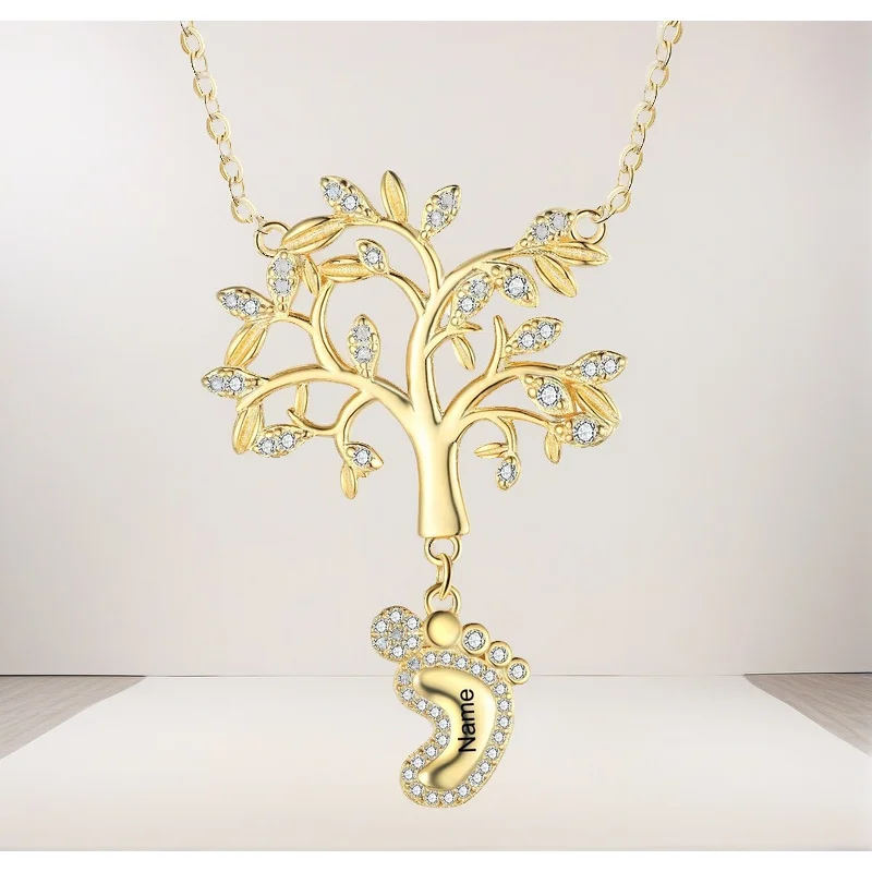 

Personalized Family Tree Necklace with Baby Feet Charms Up To 4 Charms 4 Names