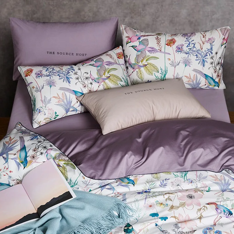 300TC Modern American Bedding Set Includes 4pcs Long-Staple Plant Luxurious 60s Floral Bird Satin Printed All-Cotton Quilt Cover