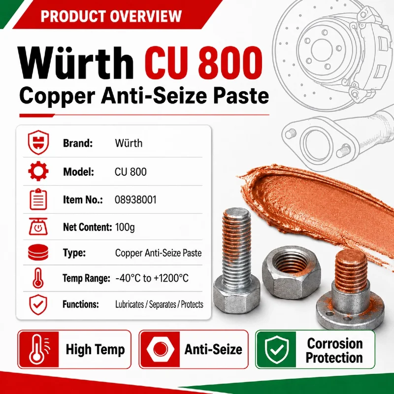 Wurth CU 800 Copper Anti Seize Paste 100g High Temperature Copper Grease for Brake Pad Exhaust Bolts Spark Plug Threads