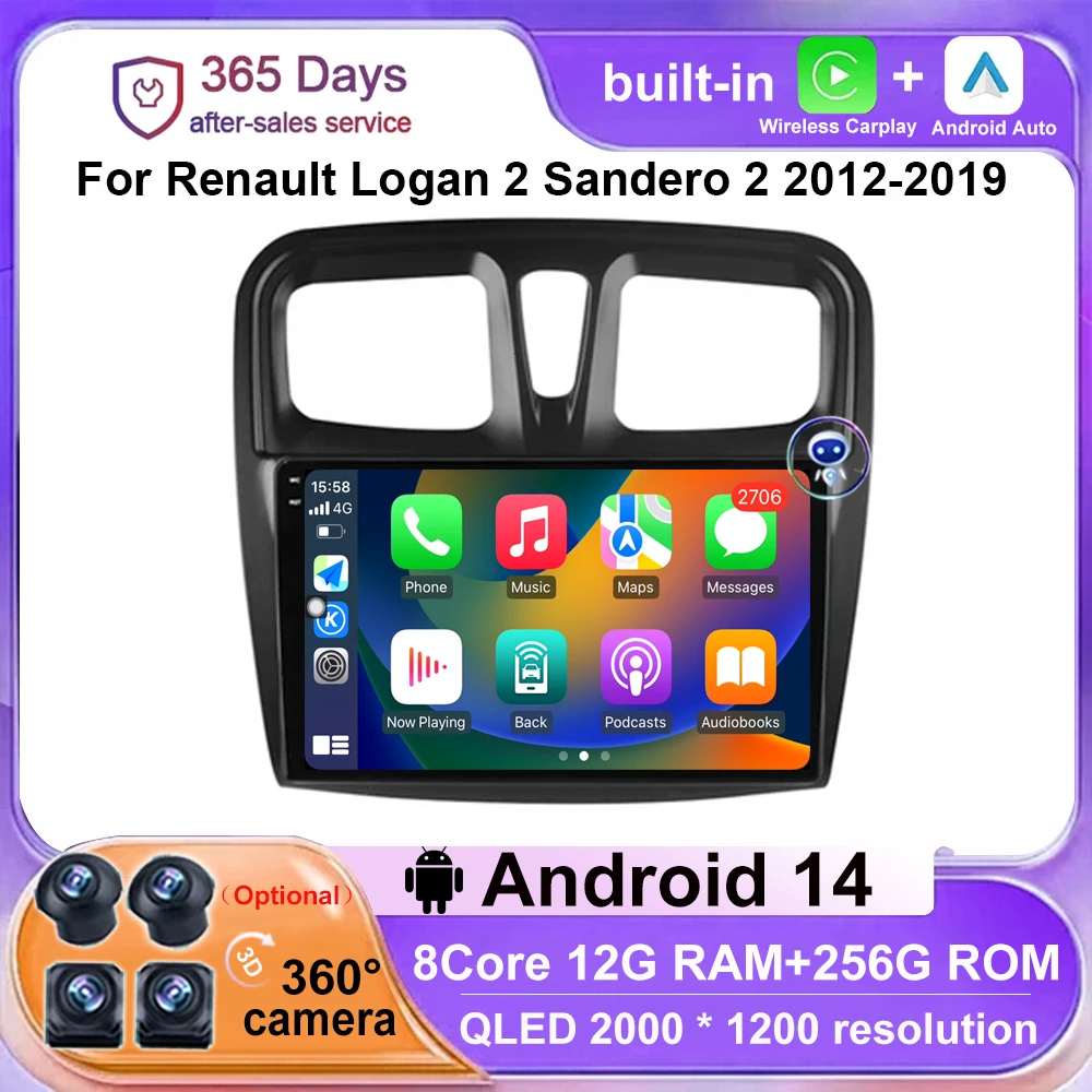 

For Renault Logan 2 Sandero 2 2012-2019 Android 14 Car Radio Multimidia Video Player Navigation GPS Carplay Auto 360 camera DSP