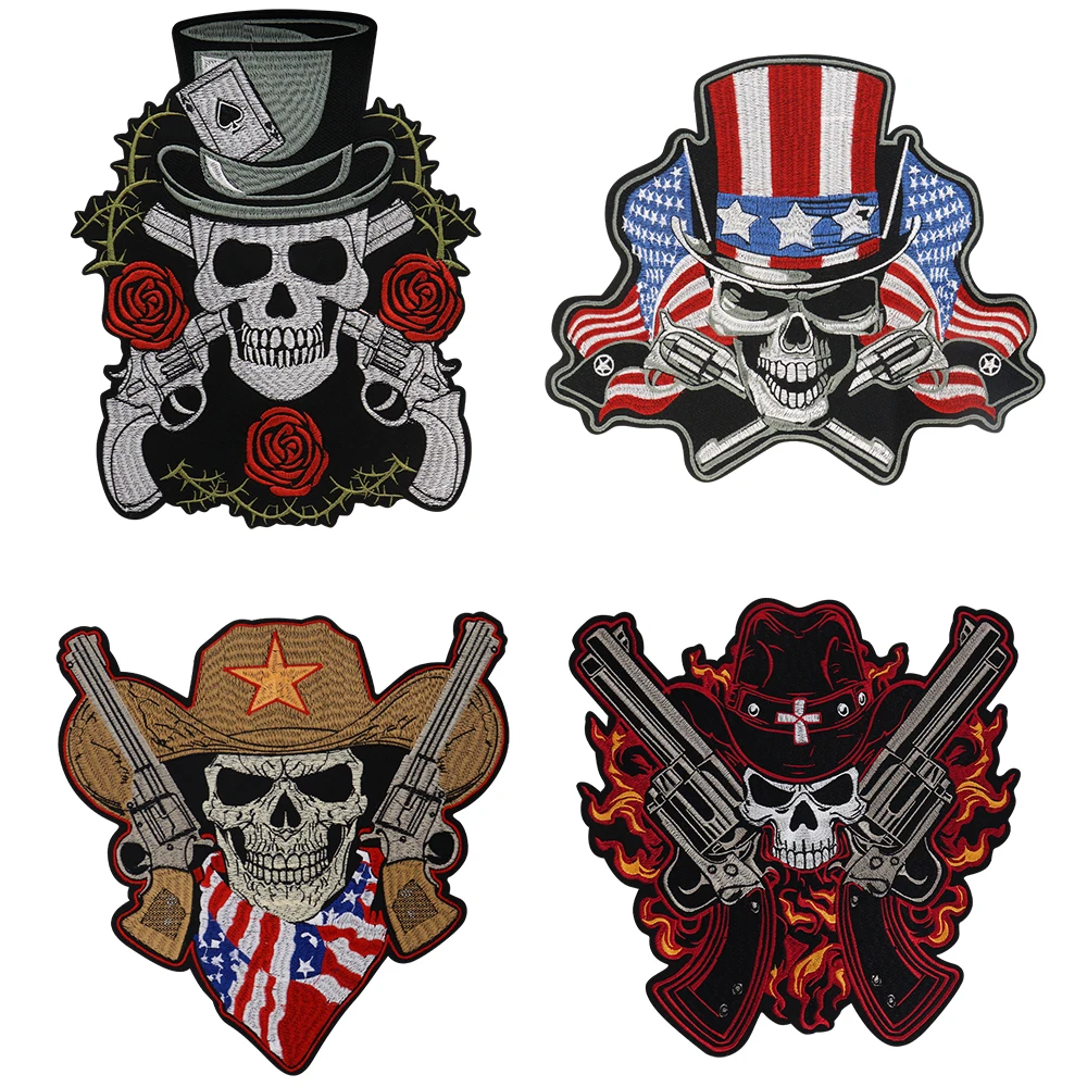 Parche Bordado de Calavera Flameante con Fuego y Armas, Termoadhesivo, Emblema Punk Malvado, Accesorios de Ropa, Aplique Bordado, Insignia