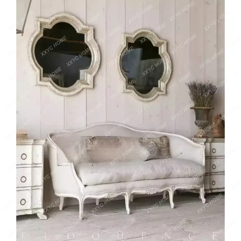 AA solid wood furniture retro carved old sofa  retro three-person sofa neoclassical living room sofa