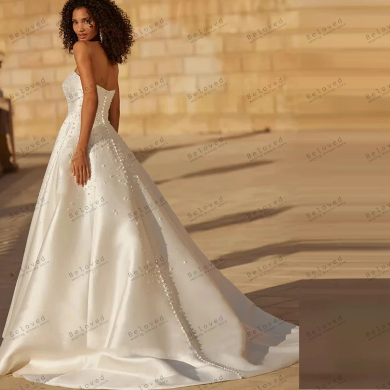Charming Wedding Dresses Satin Bridal Gowns Pearl Decoration Robes Sexy Strapless Backless Gorgeous Vestidos De Novia Customized
