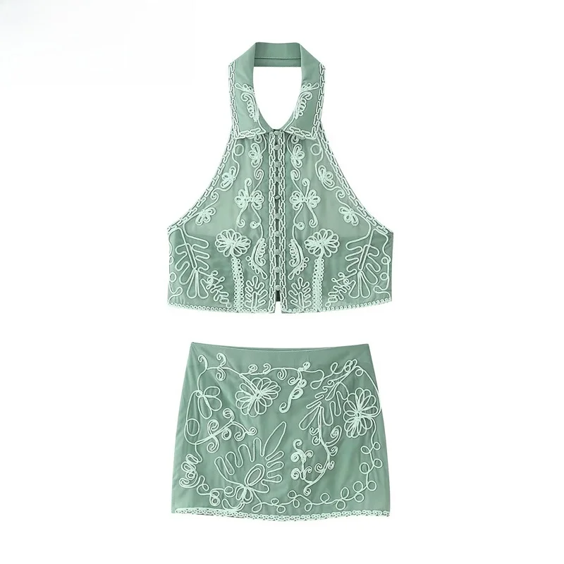 

Spring New Women's Embroidered Hanging Ne Buttoned Top Skirt Faion Set ort Sve Zipper Closure Polyester Fiber