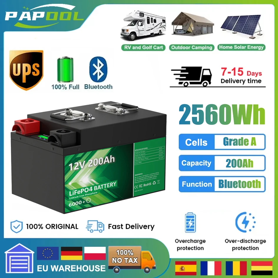 

LiFePO4 12 В 200 Ач 300 Ач Аккумулятор Bluetooth BMS 6000+ циклов Литиевая батарея класса A 24 В для лодки на колесах Домашняя солнечная батарея в ЕС АКЦИЯ