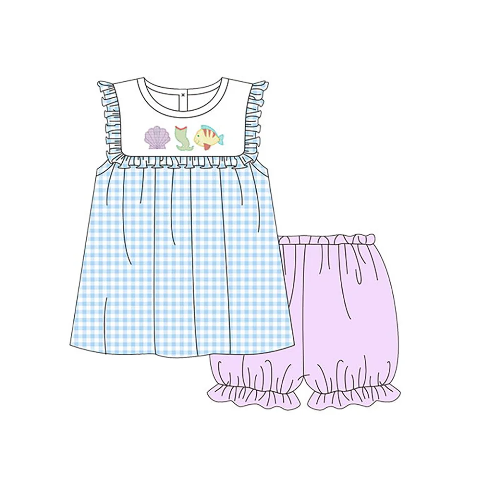 Girl Summer Sea Animal Outfit Fish Shell Print Ruffle Gingham Dress Romper Kids Cute Casual Clothes