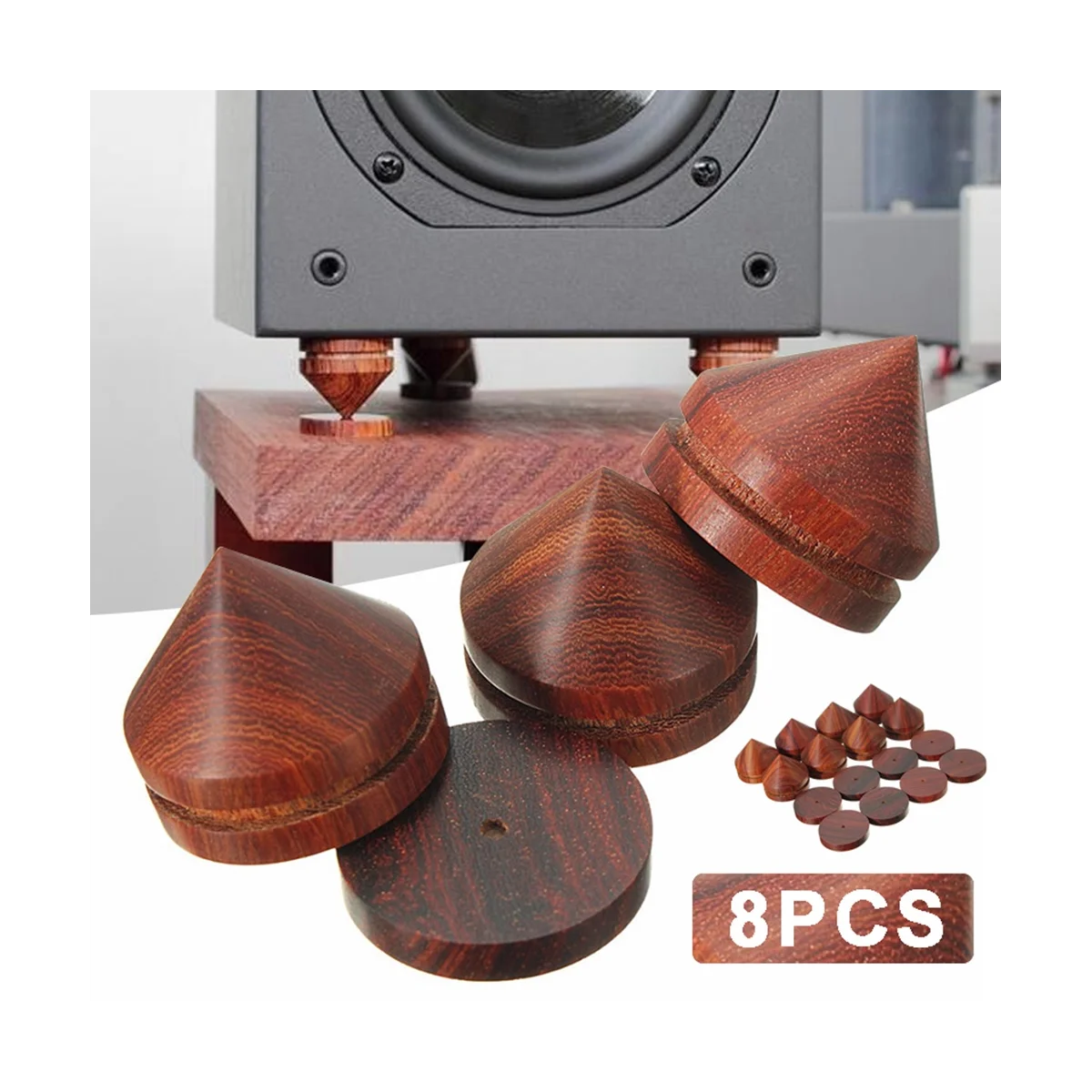 8Pcs Rosewood Speaker Shock Spikes Isolation Cone Stand Feet with HiFi Speaker Shockproof Cone Base Pads Adjustment