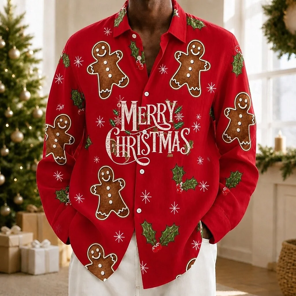 Christmas Men's Gingerbread Shirt Button-Down Long Sleeve Shirt Fashion Casual Vacation Formal Daily Wear Summer Winter Lapel Sh