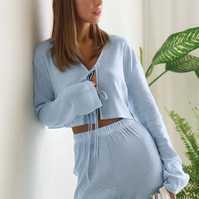 New Solid Color Knitted Jacquard Long Sleeve Open Umbilical Pajama Pants Two Piece Comfortable Home Clothes for Women