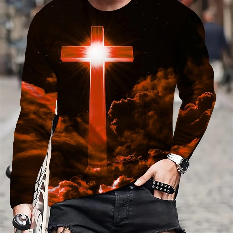 Trend Jesus Cross Pattern T Shirt For Men Fashion Casual Mens 3D Printed Long Sleeve Pullovers Loose Streetwear Cool Tees Tops image 4