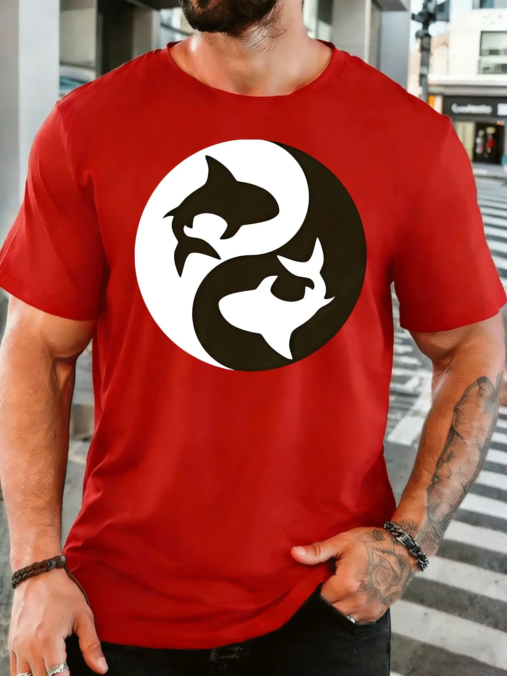 Yin Yang Shark Silhouette Mens Front Print T Shirt Ocean Animal Graphic Tee Casual Short Sleeve Top Shark Enthusiast Gift