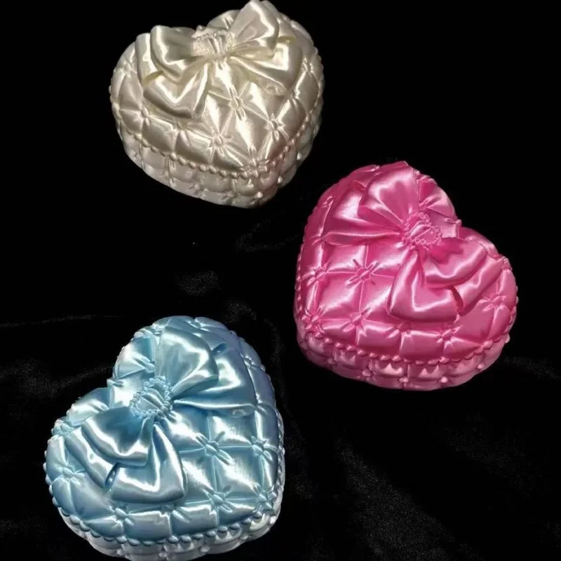 3D Printed Heart‑Shaped Jewelry Box Satin Bow Quilted Trinket Storage Case Kawaii Sweet Desktop Decor Romantic Girl Holiday Gift