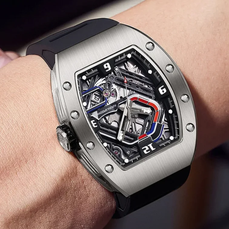 

HANBORO Мужские автоматические часы 50,5 мм Механические наручные часы Светящийся корпус Tonneau Водонепроницаемый скелетон Гоночный трековый циферблат Miyota 9015