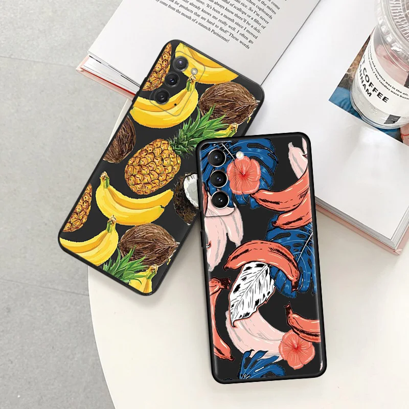 Phone Case for Samsung S24 S20 S21 S22 S10 S23 Ultra FE Plus Summer Banana leaves fruits Galaxy Note20 Shell Black Cases Cover