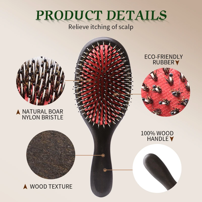 Boar Bristles Hair Brush Women Detangling HairBrush For Curly Thick Long Dry Wet Hair Wood Comb Head Scalp Massage Hair Comb