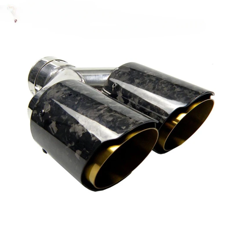 Dual Forged Carbon Fiber + Golden Chrome Stainless Steel Car Exhaust Tip Double End Pipe for BMW BENZ VW Golf