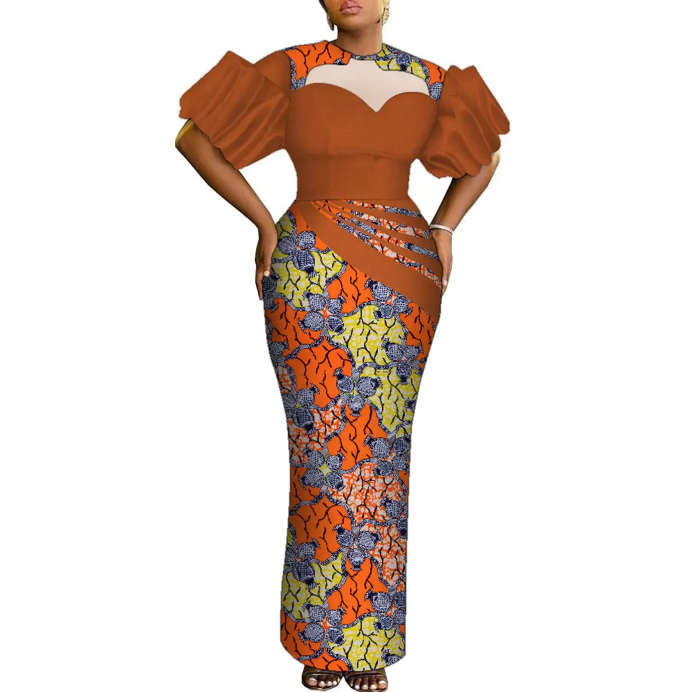 

African Dresses for Women Floral Print Patchwork Maxi Long Dress Flare Sleeve Elegant Dashiki Party Wedding Dress WY10101
