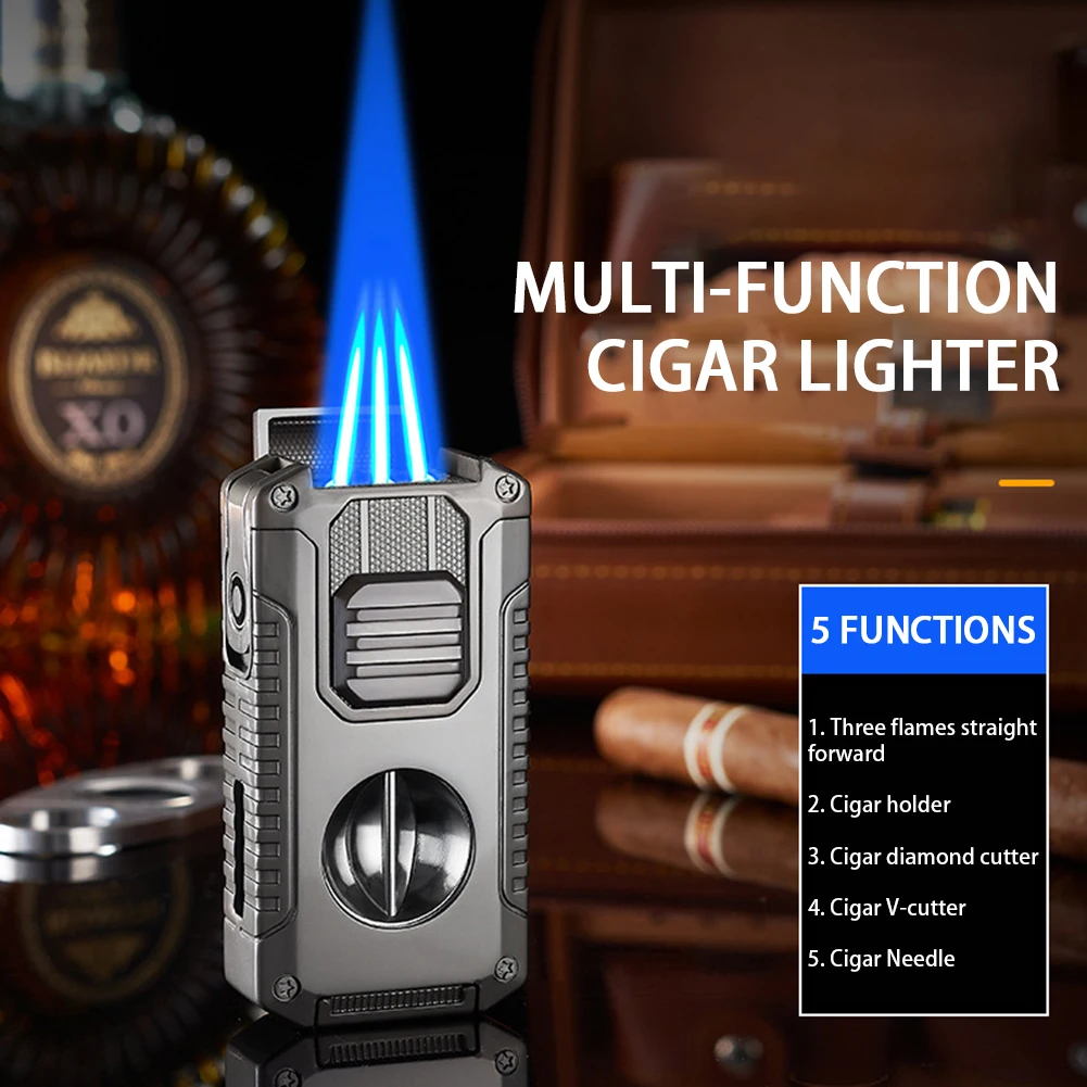 

Зажигалка с тройным струйным пламенем 5 в 1, с V-образным резаком, многофункциональные регулируемые бутановые зажигалки, подарок для мужчин