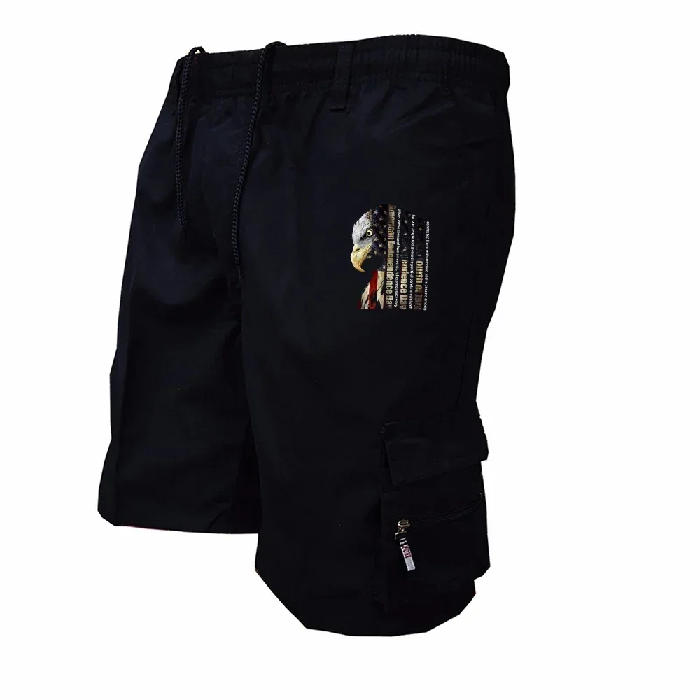 Summer Men Casual Cargo Shorts Patriotic Eagle US Flag Print Multi Pocket Drawstring Waist Outdoor Beach Short Trousers