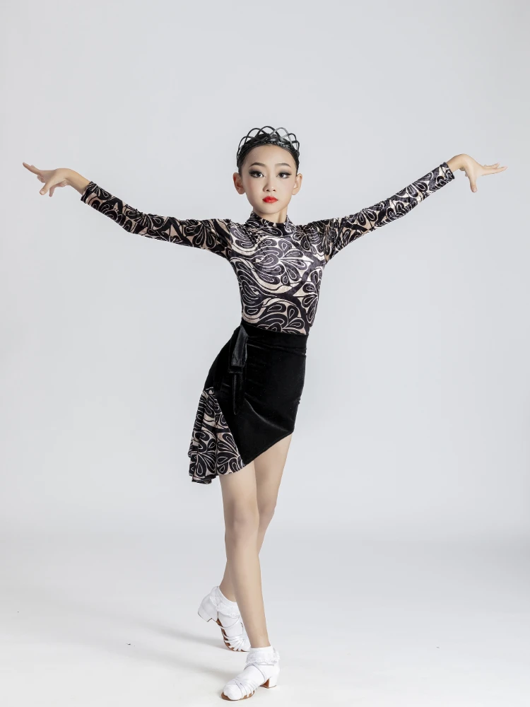 

Autumn Velvet Girls Latin Dance Dress for Competition Kids Ballroom Salsa Dance Wear Clothing Samba Rumba Dance Perfromance