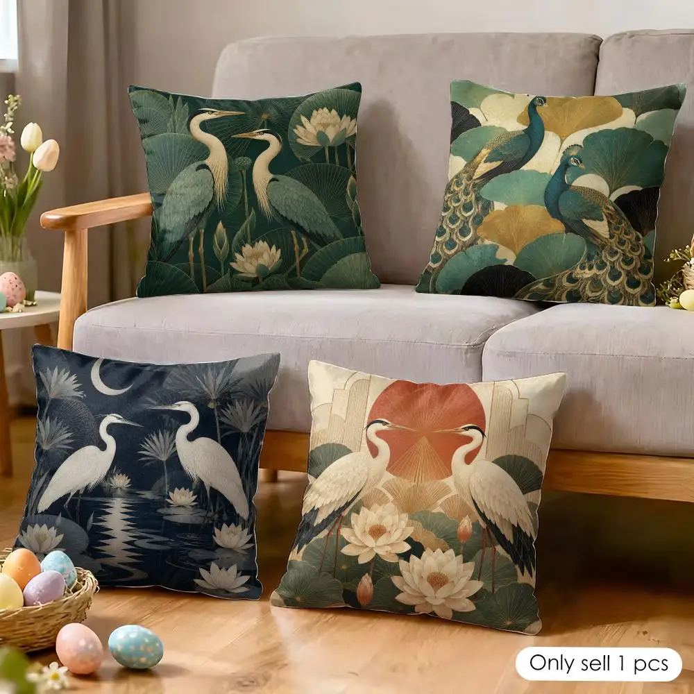 Art Deco Heron Garden Cushion Cover Soft Short Plush Pillow Cover Smooth Cozy Texture Aesthetic Cushion Case Home Decor