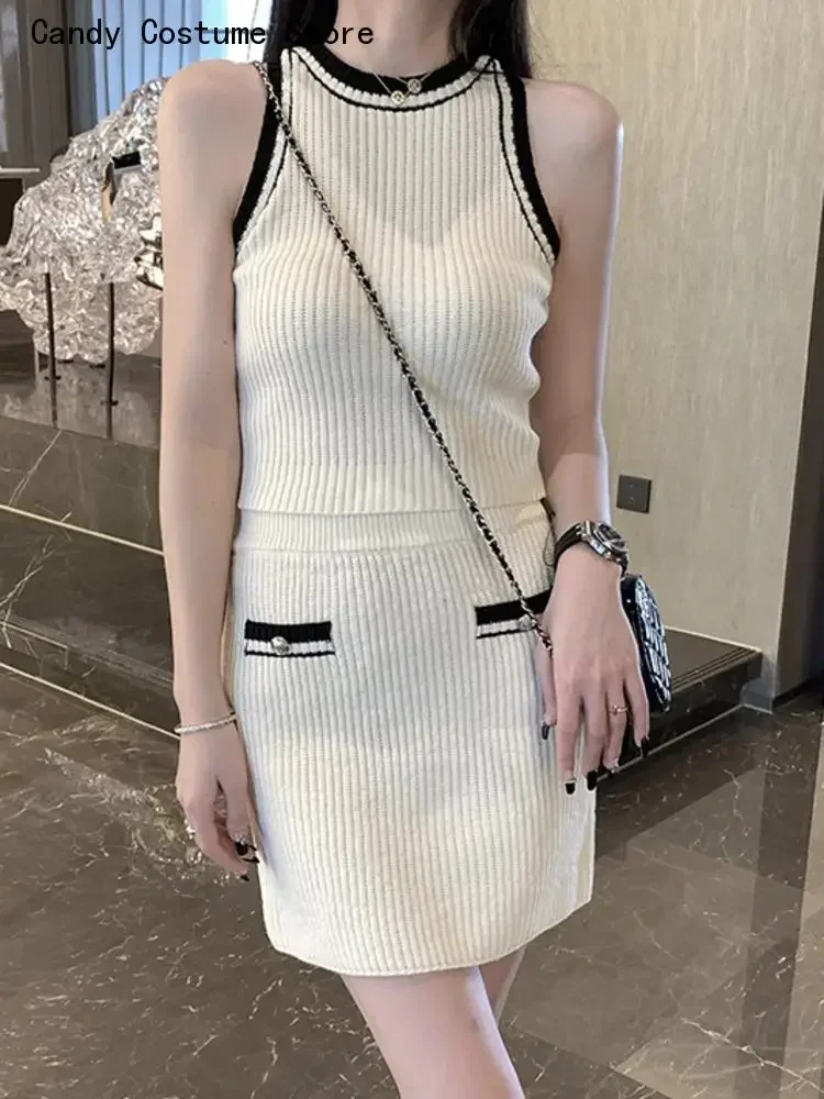 Knitted Two Piece Set  New Spring Summer Korean Chic For Women Sweater Top   Mini Skirt Sets Fashion Casual Two Piece Suits