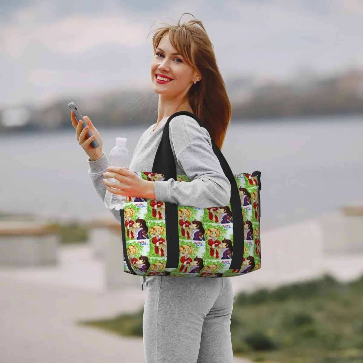 Bolso de mano personalizado de caramelo para mujer, bolso de viaje de hombro de playa con dibujos animados de Manga de Anime de gran capacidad para gimnasio y chica