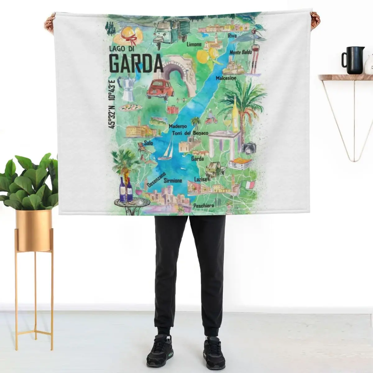 Lake Garda Italy Illustrated Map with Roads and Tourist Highlights Throw Blanket Blankets For Baby Cute Nap Bed linens Blankets