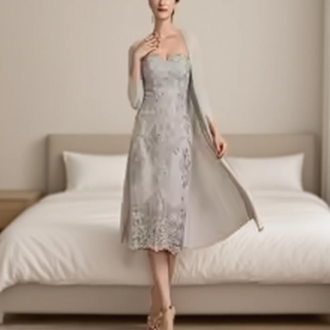 

Customized classic long-sleeved strapless lace-trimmed tea-length wedding dress for the mother of the bride,for the formal event
