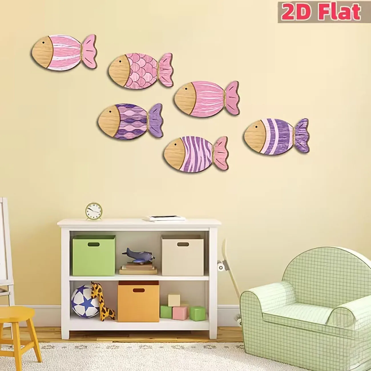 6 pieces of pink purple fish wooden wall decoration, 2D flat printing, very suitable for children's rooms