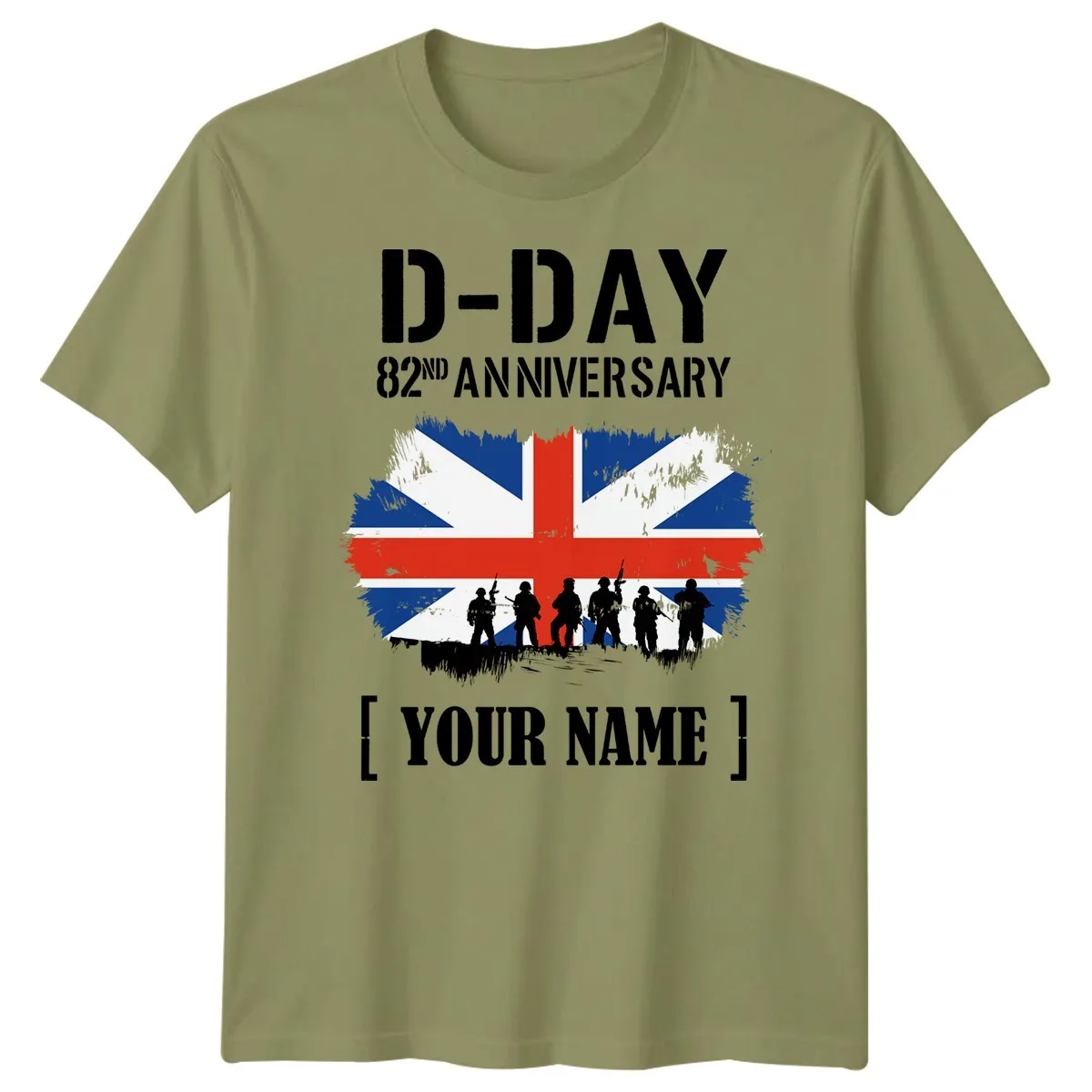 Custom Name D-Day 82nd Anniversary UK Flag Soldier Silhouette Personalized WWII Normandy T-Shirt Men Patriotic Military Tee Gift