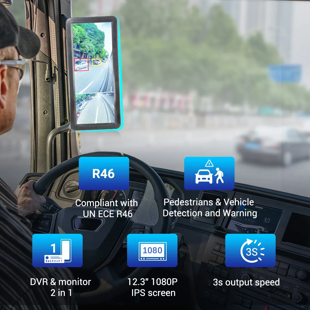 STONKAM R46 12.3 Inch HD Rearview Side Mirror Cam er a for Bus Truck With Recorder IPS Screen Waterproof Touch Control