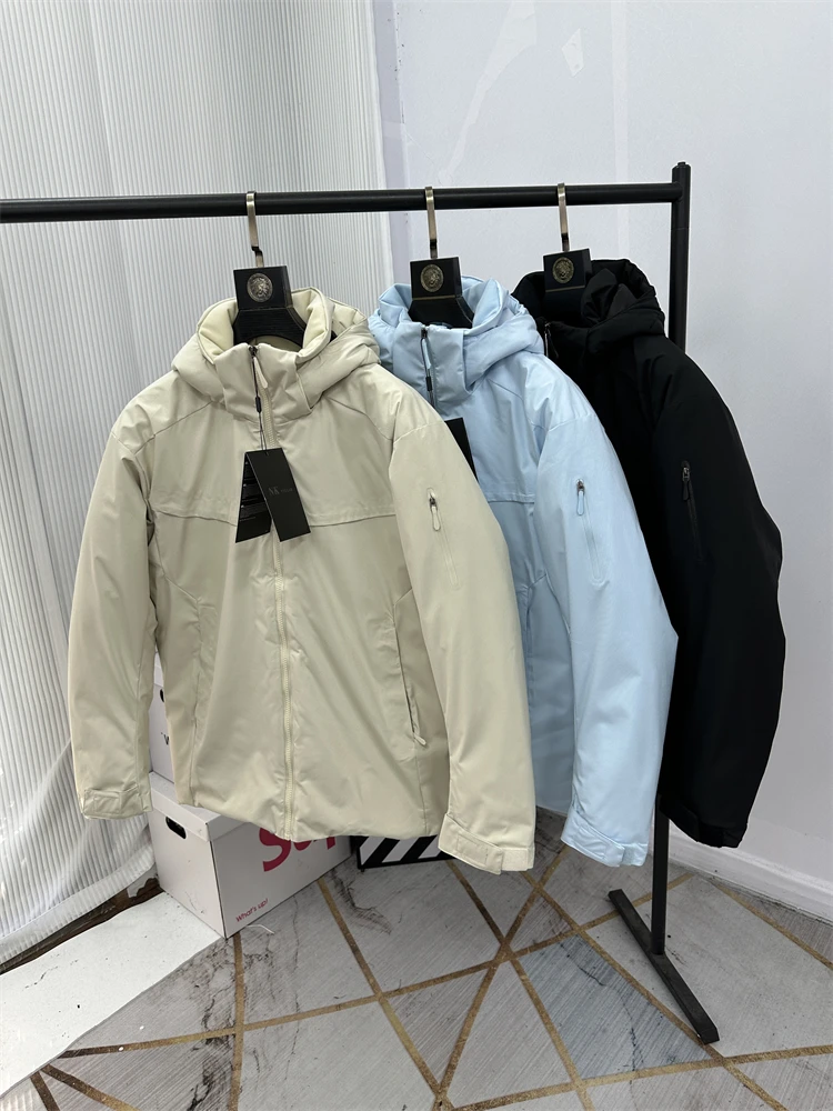 

Мужская уличная куртка с капюшоном, модная городская модель, белая, с наполнителем из пуха, теплая, ветрозащитная, водоотталкивающая, стандартной длины.