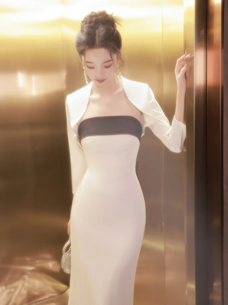 

Ele White Strapl Evening Gown Women's 2025 New Sle High-End Luxury Host Dr Faionable High-Waist Long Sve