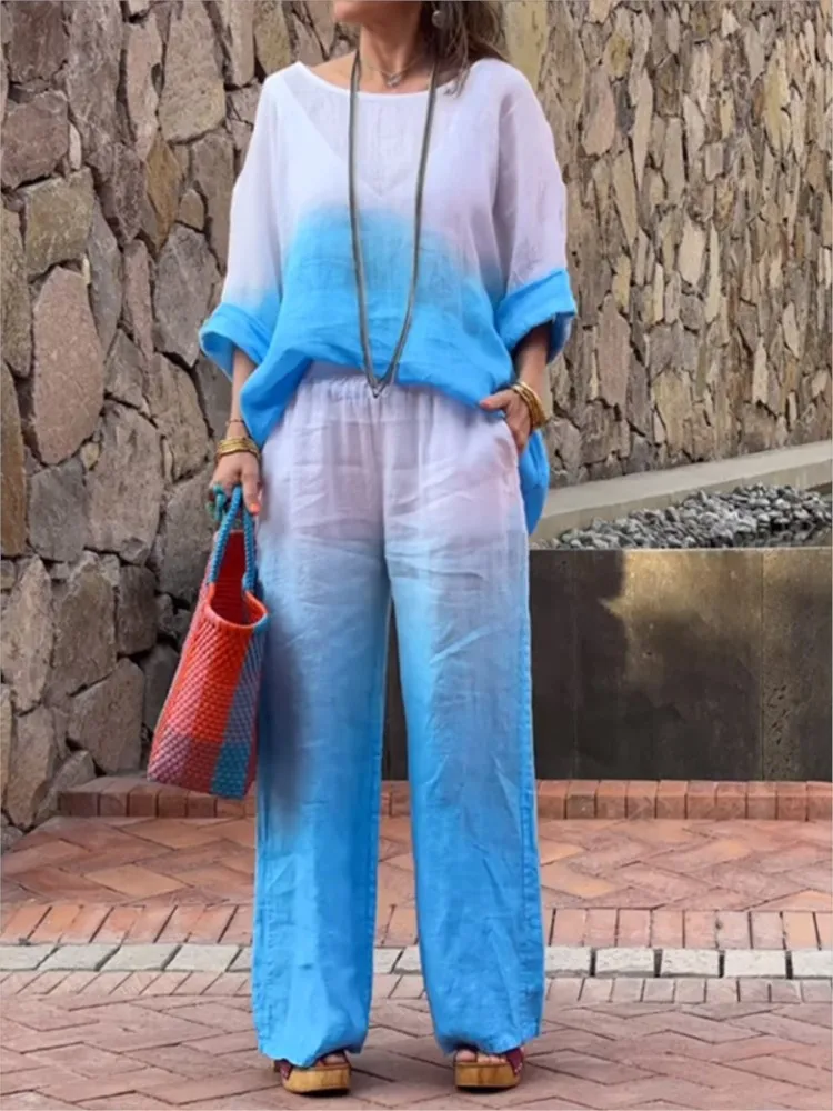 

Spring Summer Gradient Color Cotton Linen Long Sleeve Two Piece Set Women Casual Loose Fashion Pocket Long Pants 2pcs Set Female