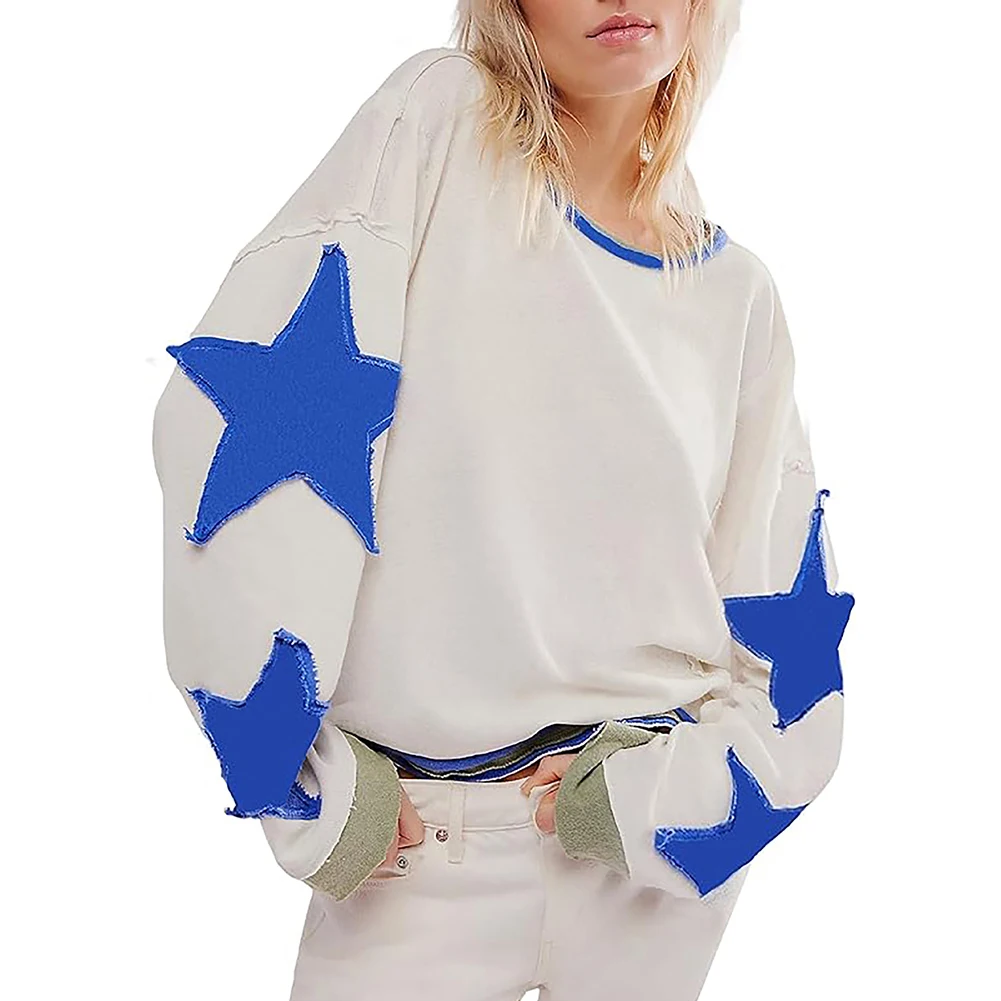

Oversized Women's Graphic Tee with Drop Shoulders and Star Print Perfectly Suited for Spring and Autumn Fashion Choices