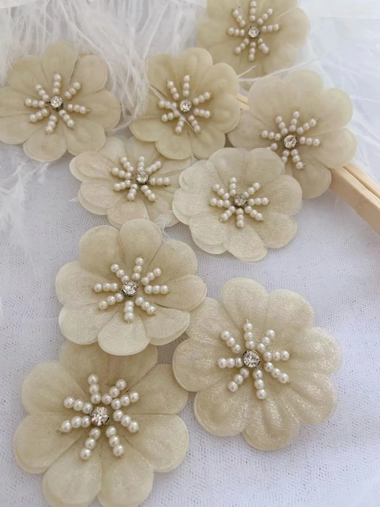 10 Pieces 3D Handmade Champagne Petals Patch Applique with Pearl Bead Stones Flowers for DIY Dresses Decor,Zakka Supplies