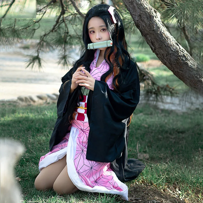 Nezuko Kamado Cosplay Costume Demon Slayer Kimono Outfit with Bamboo Muzzle Full Set for Halloween Anime Party Performance Dress