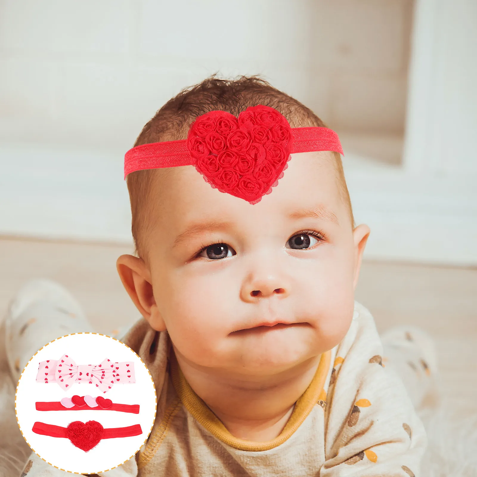 

Набор из 3 очаровательных повязок на голову для девочек с сердечками и розами для новорожденных, малышей и младенцев, милые праздничные аксессуары для фотосессий и вечеринок