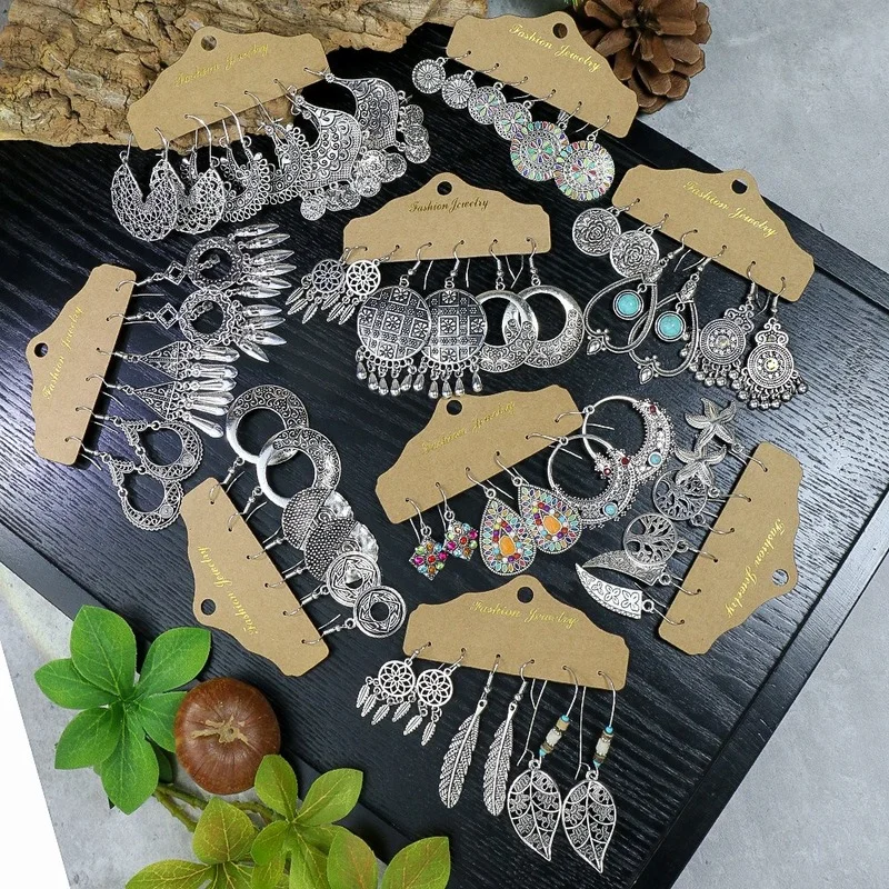 Boheemse holle etnische oorbellen Vintage zilveren kleur oorbellen Set Leaf Circle Geometry Dangle Drop Oorbellen voor vrouwen sieraden